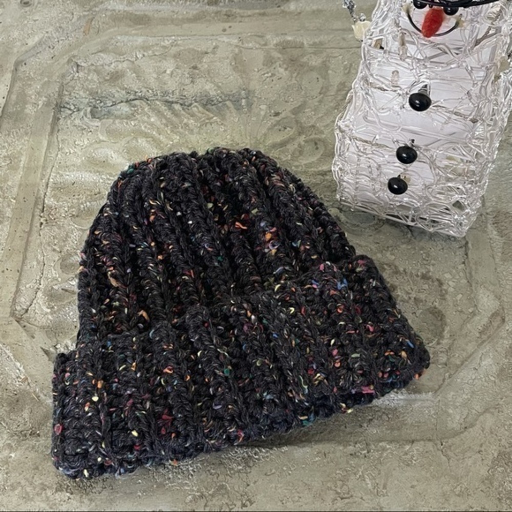 Handmade Warm Chunky Cable Crochet Ribbed Hat Charcoal Speckle Beanie Women Men